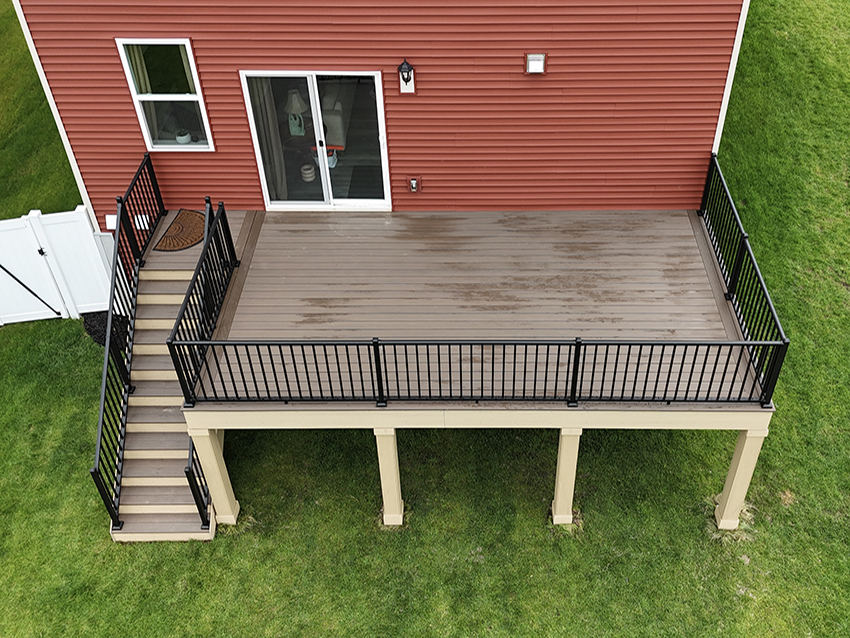 TimberTech Dark Cocoa with Natural White Oak Column Wraps - Custom deck built by Dream Decks in Twin Cities, Minnesota